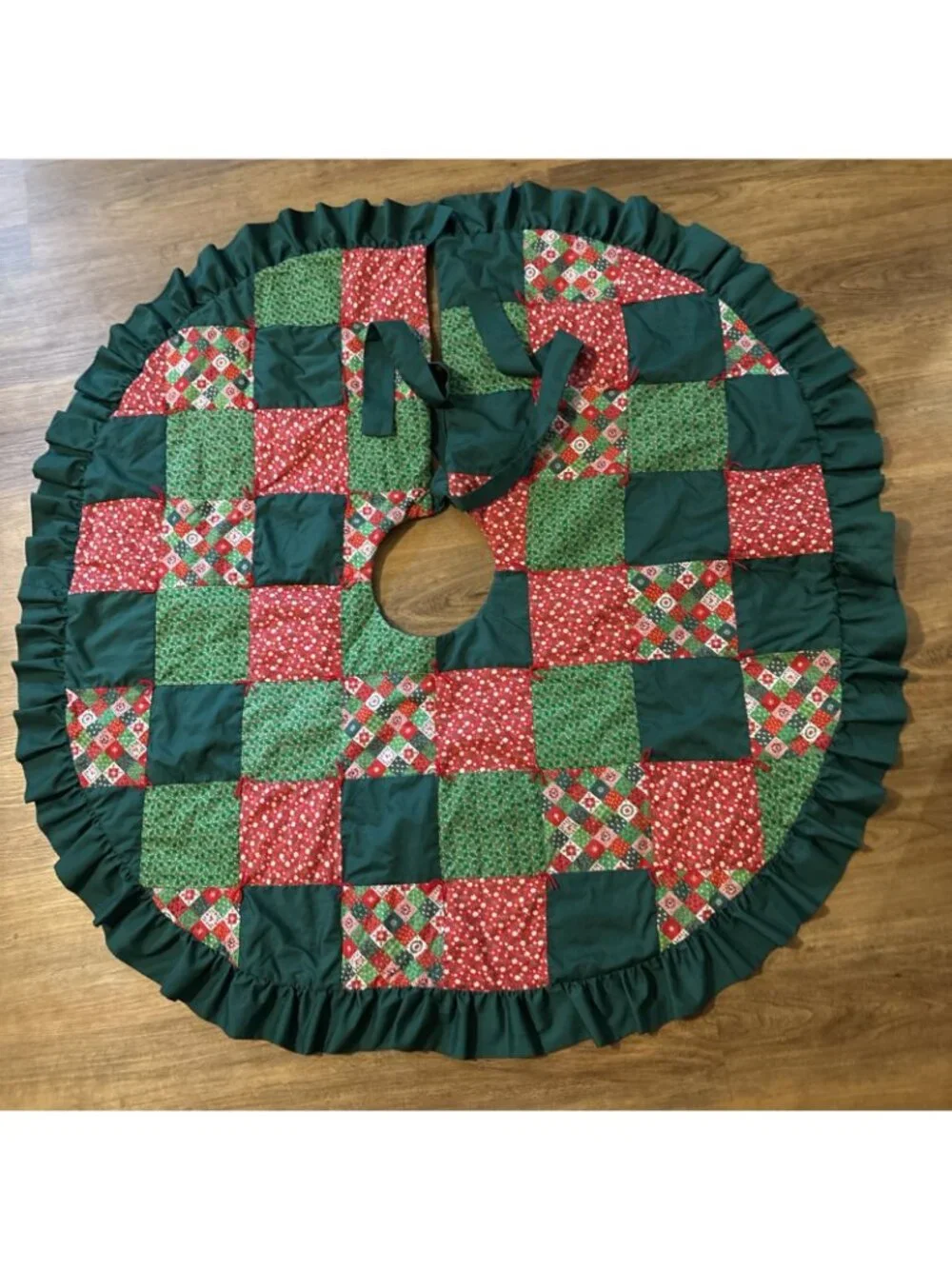 Homemade Christmas tree Quilted Skirt Green & Red With Ruffle